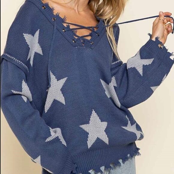 POL Bohemian sweater with tattered raw edges, and Lace up front and back - Picture 10 of 15